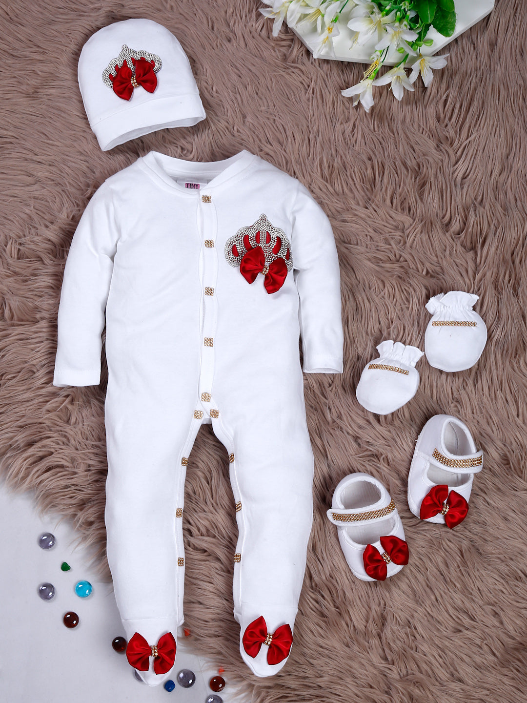 TINY MINY MEE RHINESTONE CROWN PATCH SLEEPSUIT WITH MAROON BOWS AND SHOES-WHITE