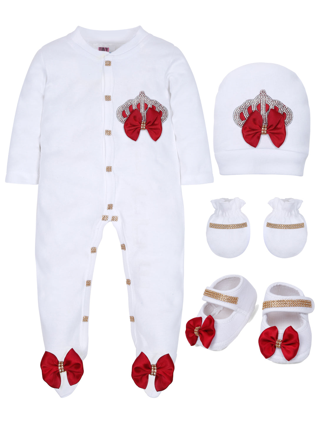 TINY MINY MEE RHINESTONE CROWN PATCH SLEEPSUIT WITH MAROON BOWS AND SHOES-WHITE