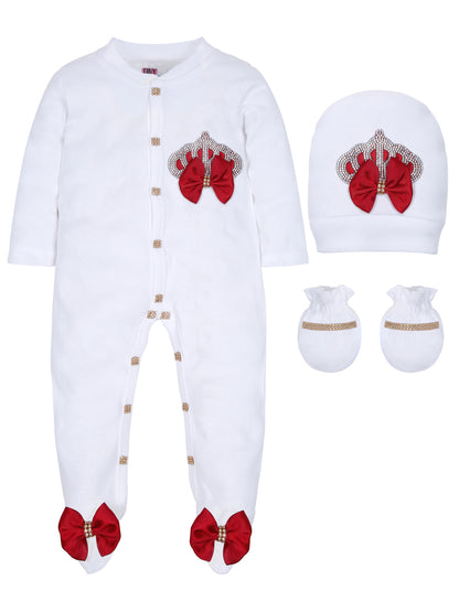 TINY MINY MEE RHINESTONE CROWN PATCH SLEEPSUIT WITH MAROON BOWS AND SHOES-WHITE