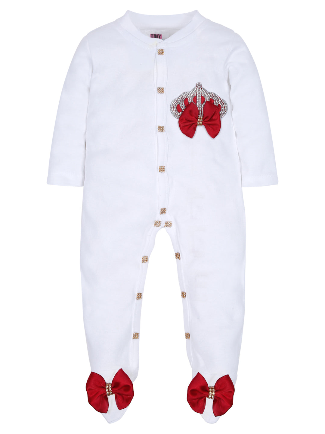 TINY MINY MEE RHINESTONE CROWN PATCH SLEEPSUIT WITH MAROON BOWS AND SHOES-WHITE