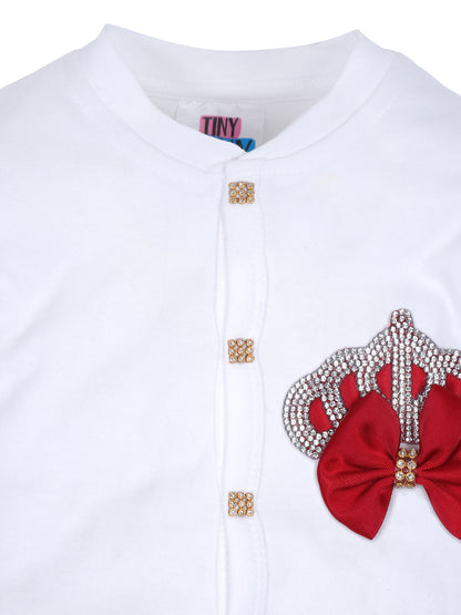 TINY MINY MEE RHINESTONE CROWN PATCH SLEEPSUIT WITH MAROON BOWS AND SHOES-WHITE