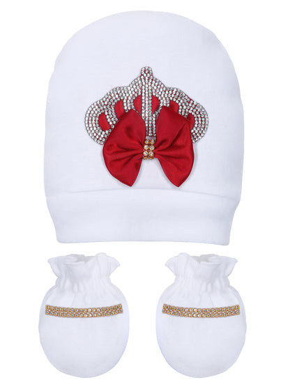 TINY MINY MEE RHINESTONE CROWN PATCH SLEEPSUIT WITH MAROON BOWS AND SHOES-WHITE