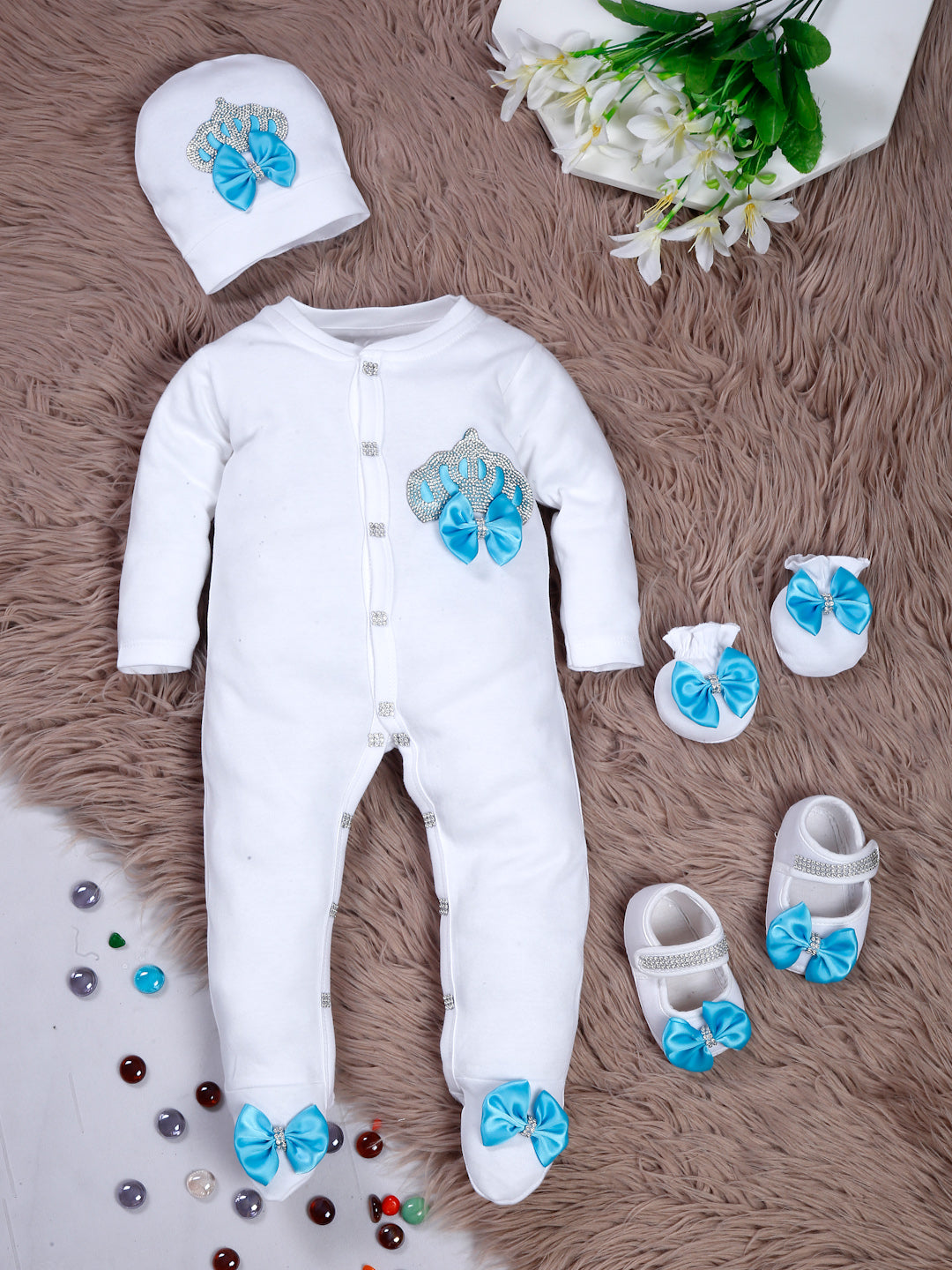 TINY MINY MEE RHINESTONE CROWN PATCH SLEEPSUIT WITH LIGHT BLUE BOWS AND SHOES-WHITE