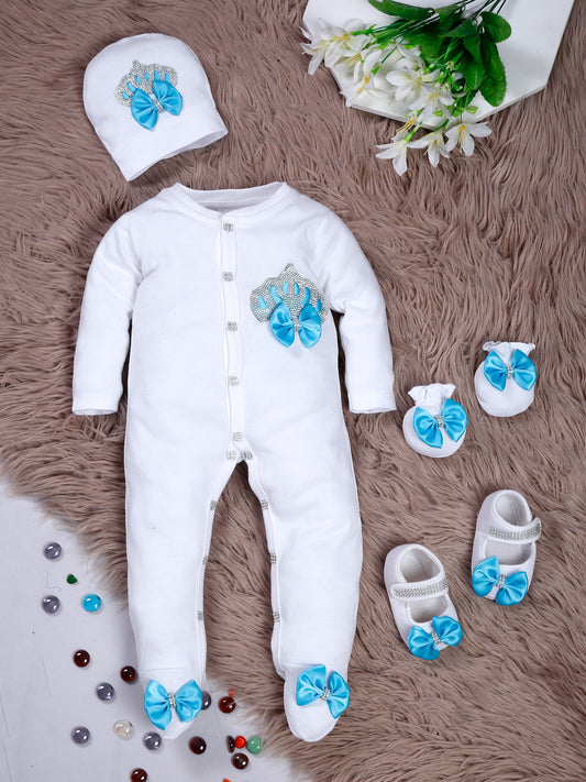 TINY MINY MEE RHINESTONE CROWN PATCH SLEEPSUIT WITH LIGHT BLUE BOWS AND SHOES-WHITE