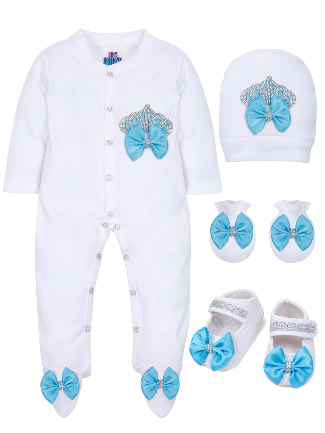 TINY MINY MEE RHINESTONE CROWN PATCH SLEEPSUIT WITH LIGHT BLUE BOWS AND SHOES-WHITE