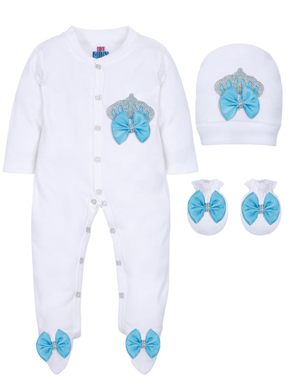 TINY MINY MEE RHINESTONE CROWN PATCH SLEEPSUIT WITH LIGHT BLUE BOWS AND SHOES-WHITE