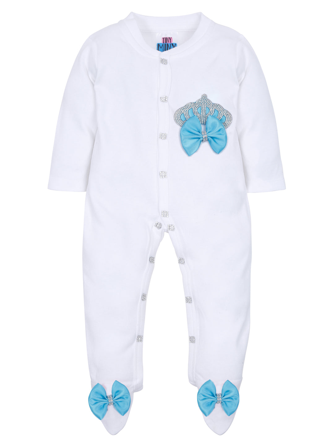 TINY MINY MEE RHINESTONE CROWN PATCH SLEEPSUIT WITH LIGHT BLUE BOWS AND SHOES-WHITE