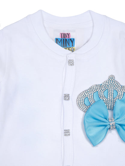 TINY MINY MEE RHINESTONE CROWN PATCH SLEEPSUIT WITH LIGHT BLUE BOWS AND SHOES-WHITE