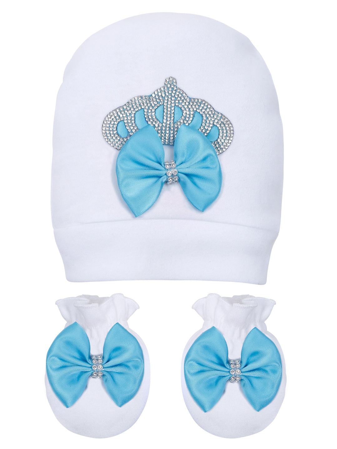 TINY MINY MEE RHINESTONE CROWN PATCH SLEEPSUIT WITH LIGHT BLUE BOWS AND SHOES-WHITE