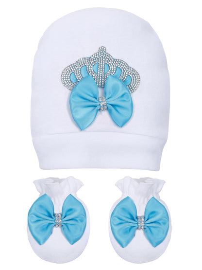 TINY MINY MEE RHINESTONE CROWN PATCH SLEEPSUIT WITH LIGHT BLUE BOWS AND SHOES-WHITE