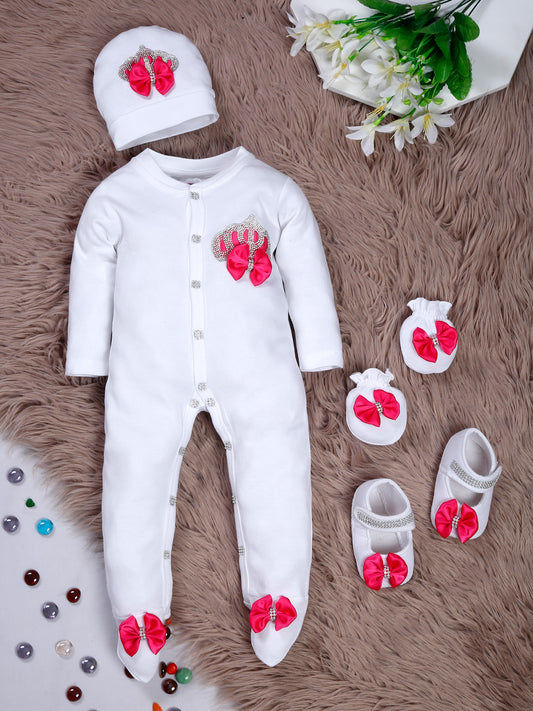 TINY MINY MEE RHINESTONE CROWN PATCH SLEEPSUIT WITH FUCHSIA BOWS AND SHOES-WHITE