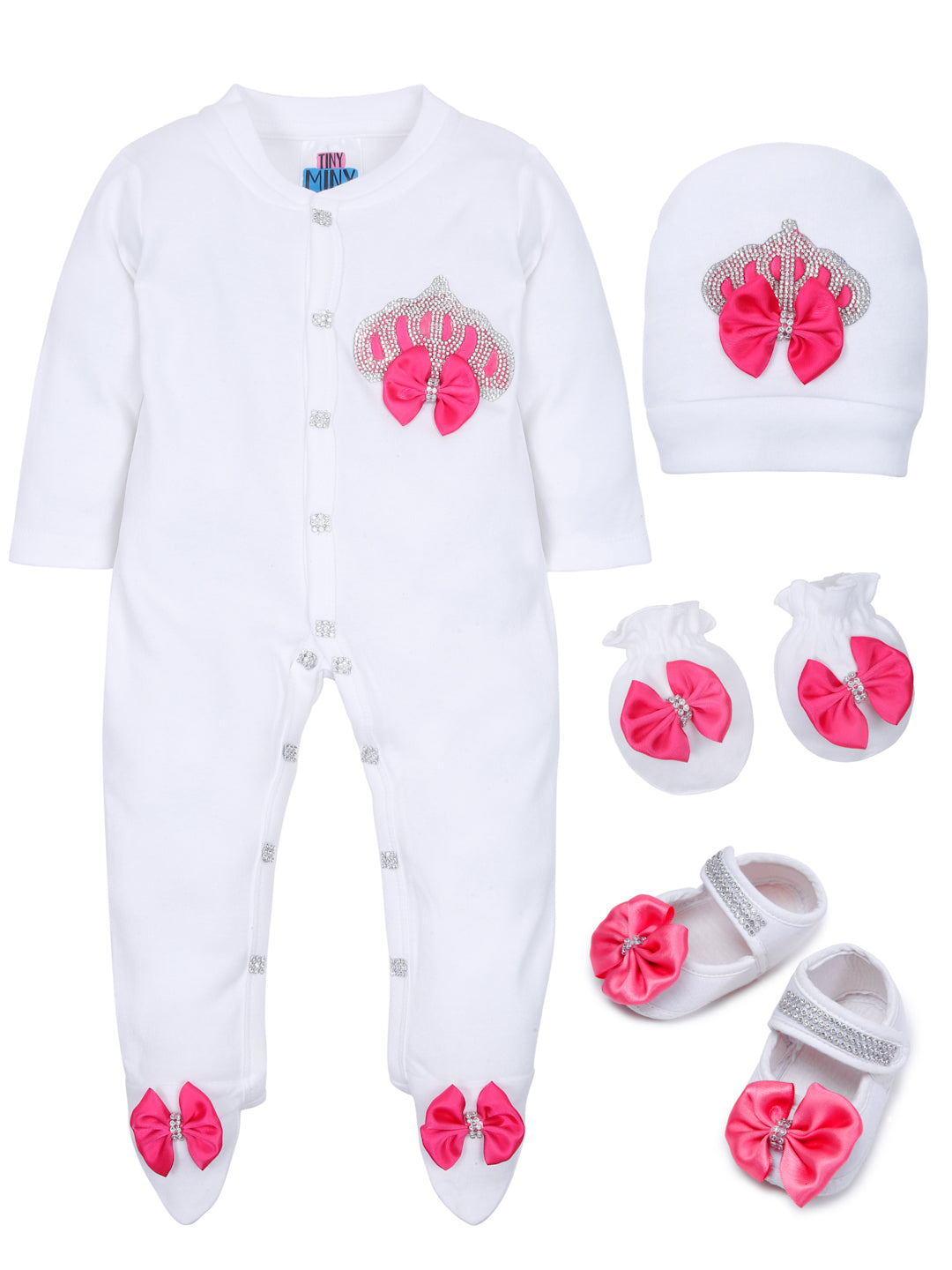 TINY MINY MEE RHINESTONE CROWN PATCH SLEEPSUIT WITH FUCHSIA BOWS AND SHOES-WHITE