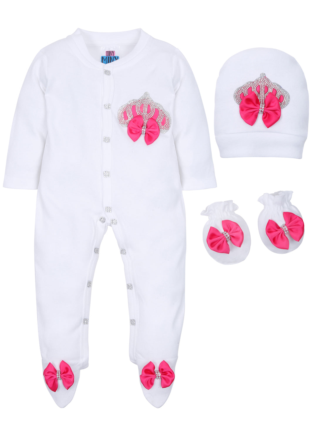 TINY MINY MEE RHINESTONE CROWN PATCH SLEEPSUIT WITH FUCHSIA BOWS AND SHOES-WHITE