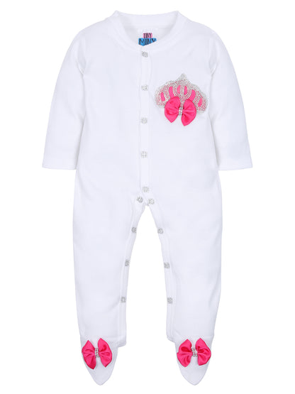 TINY MINY MEE RHINESTONE CROWN PATCH SLEEPSUIT WITH FUCHSIA BOWS AND SHOES-WHITE