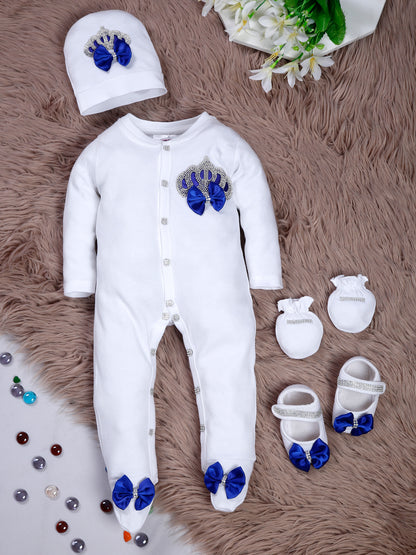 TINY MINY MEE RHINESTONE CROWN, BACK WINGS PATCH SLEEPSUIT WITH DARK BLUE BOWS AND SHOES-WHITE