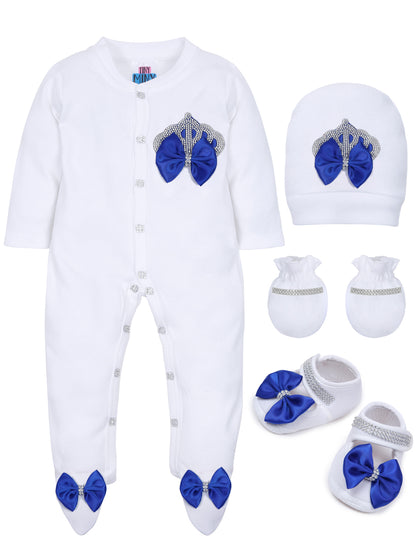 TINY MINY MEE RHINESTONE CROWN, BACK WINGS PATCH SLEEPSUIT WITH DARK BLUE BOWS AND SHOES-WHITE