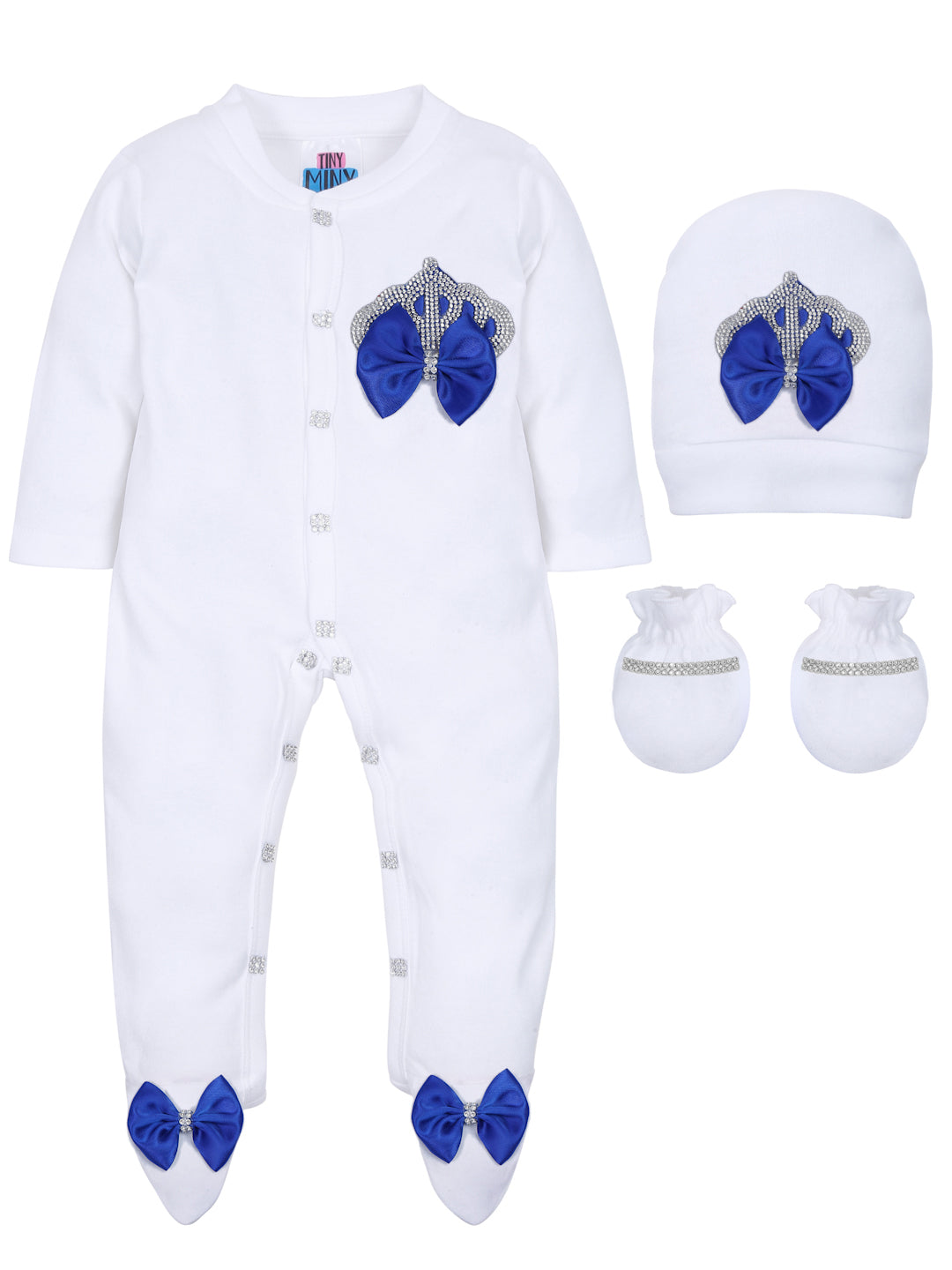 TINY MINY MEE RHINESTONE CROWN, BACK WINGS PATCH SLEEPSUIT WITH DARK BLUE BOWS AND SHOES-WHITE