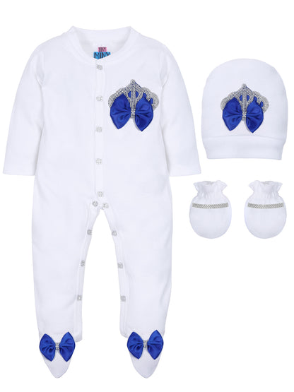 TINY MINY MEE RHINESTONE CROWN, BACK WINGS PATCH SLEEPSUIT WITH DARK BLUE BOWS AND SHOES-WHITE