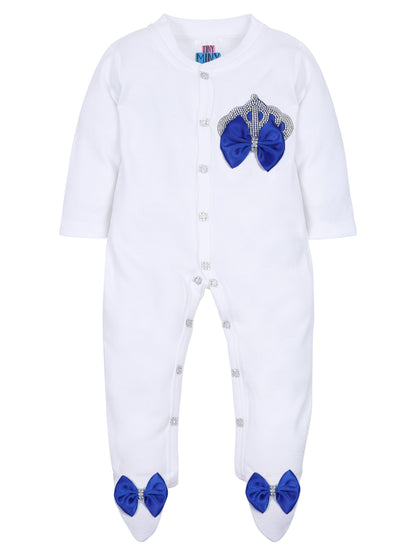 TINY MINY MEE RHINESTONE CROWN, BACK WINGS PATCH SLEEPSUIT WITH DARK BLUE BOWS AND SHOES-WHITE