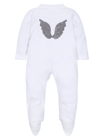 TINY MINY MEE RHINESTONE CROWN, BACK WINGS PATCH SLEEPSUIT WITH DARK BLUE BOWS AND SHOES-WHITE