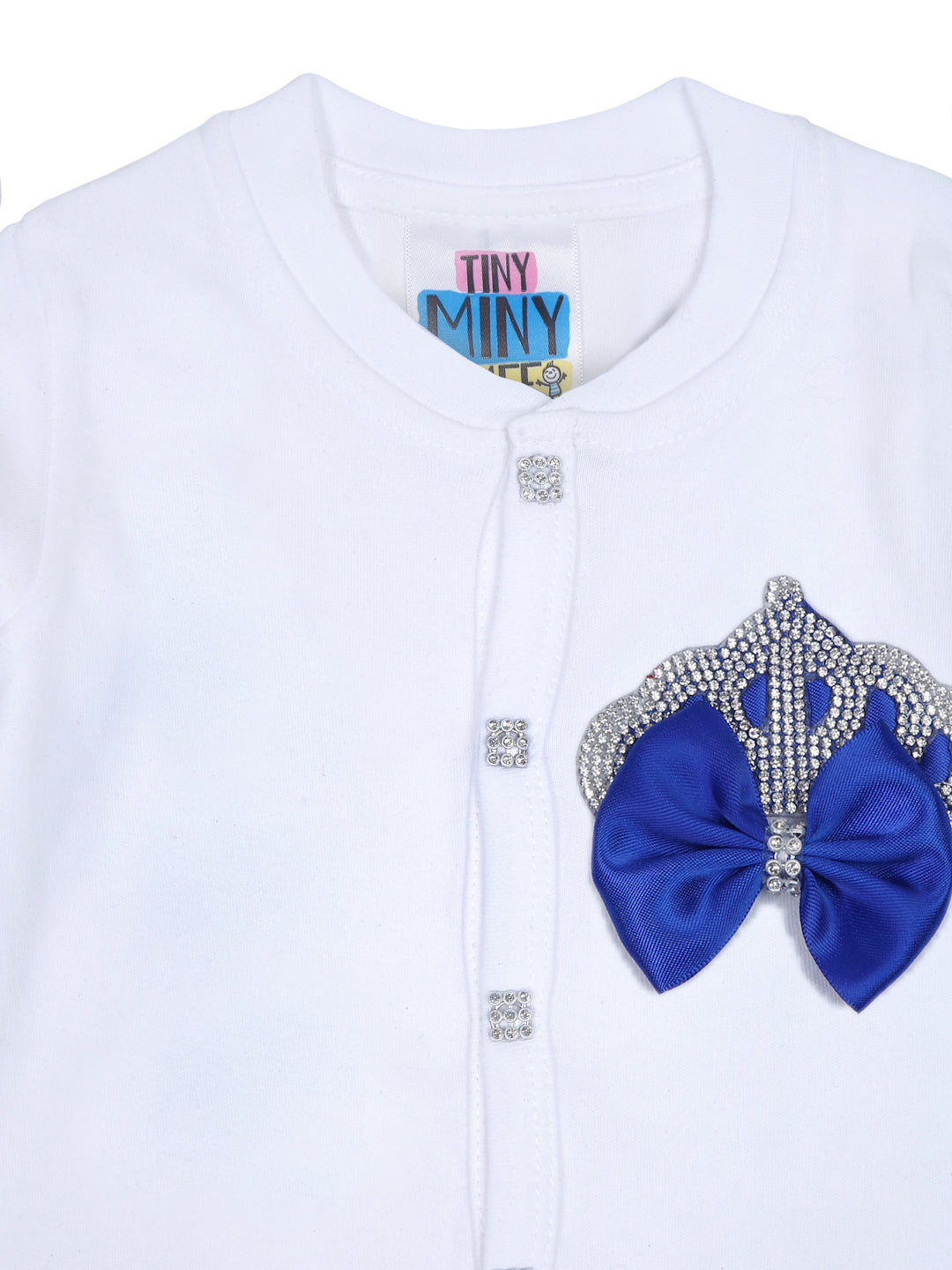 TINY MINY MEE RHINESTONE CROWN, BACK WINGS PATCH SLEEPSUIT WITH DARK BLUE BOWS AND SHOES-WHITE