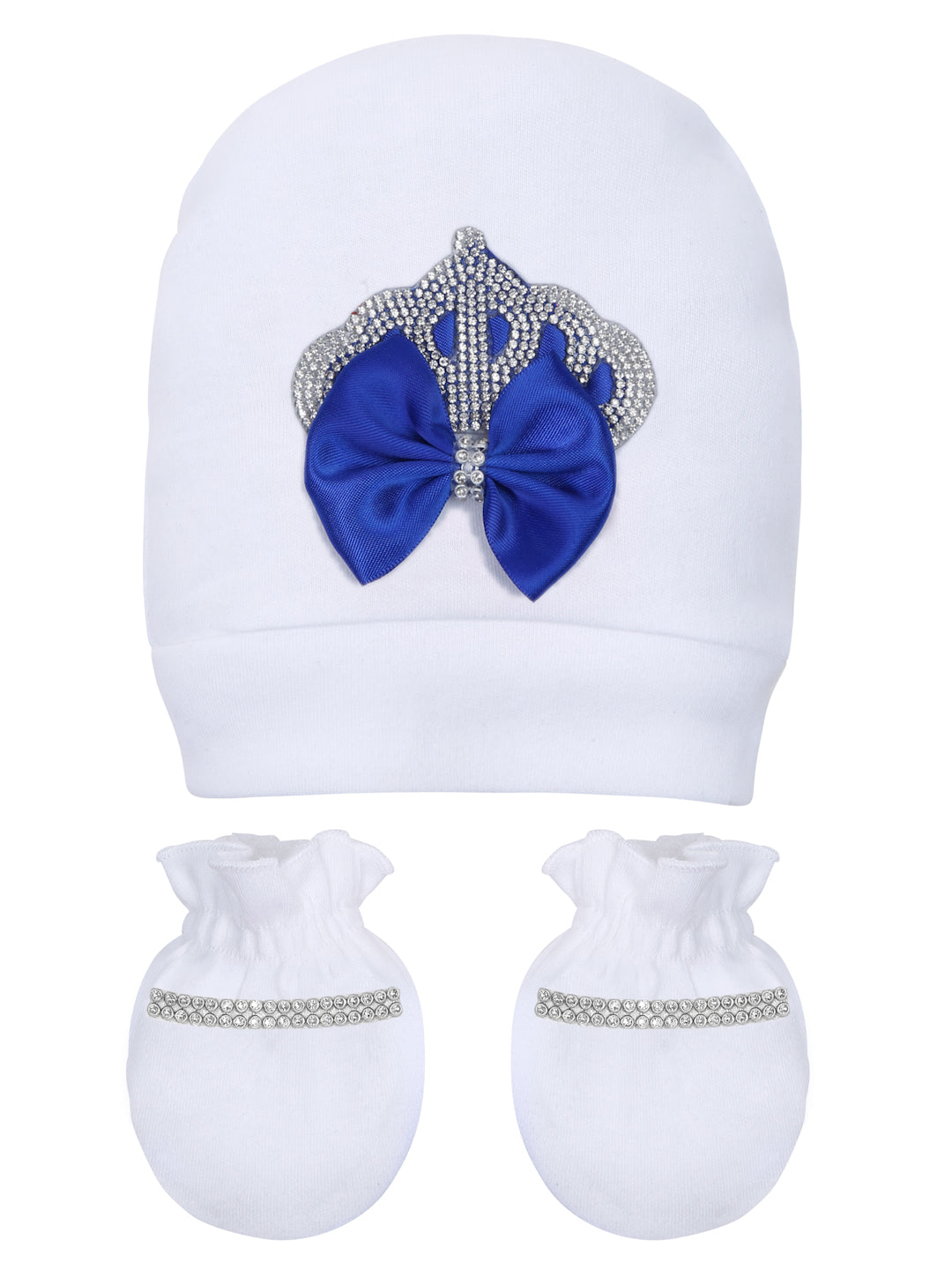 TINY MINY MEE RHINESTONE CROWN, BACK WINGS PATCH SLEEPSUIT WITH DARK BLUE BOWS AND SHOES-WHITE