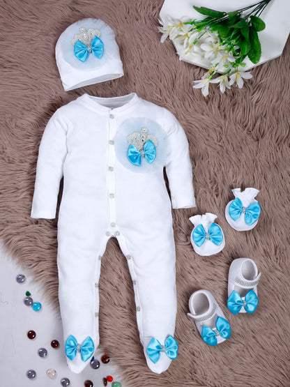 TINY MINY MEE BLUE FRILL PEARL CROWN SLEEPSUIT SET WITH SHOES-WHITE