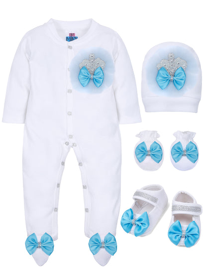 TINY MINY MEE BLUE FRILL PEARL CROWN SLEEPSUIT SET WITH SHOES-WHITE