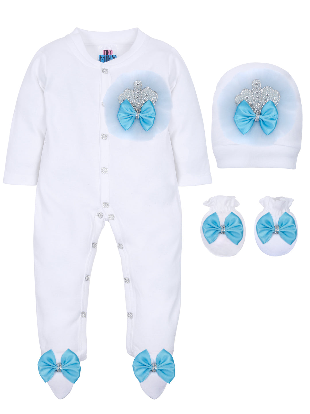 TINY MINY MEE BLUE FRILL PEARL CROWN SLEEPSUIT SET WITH SHOES-WHITE