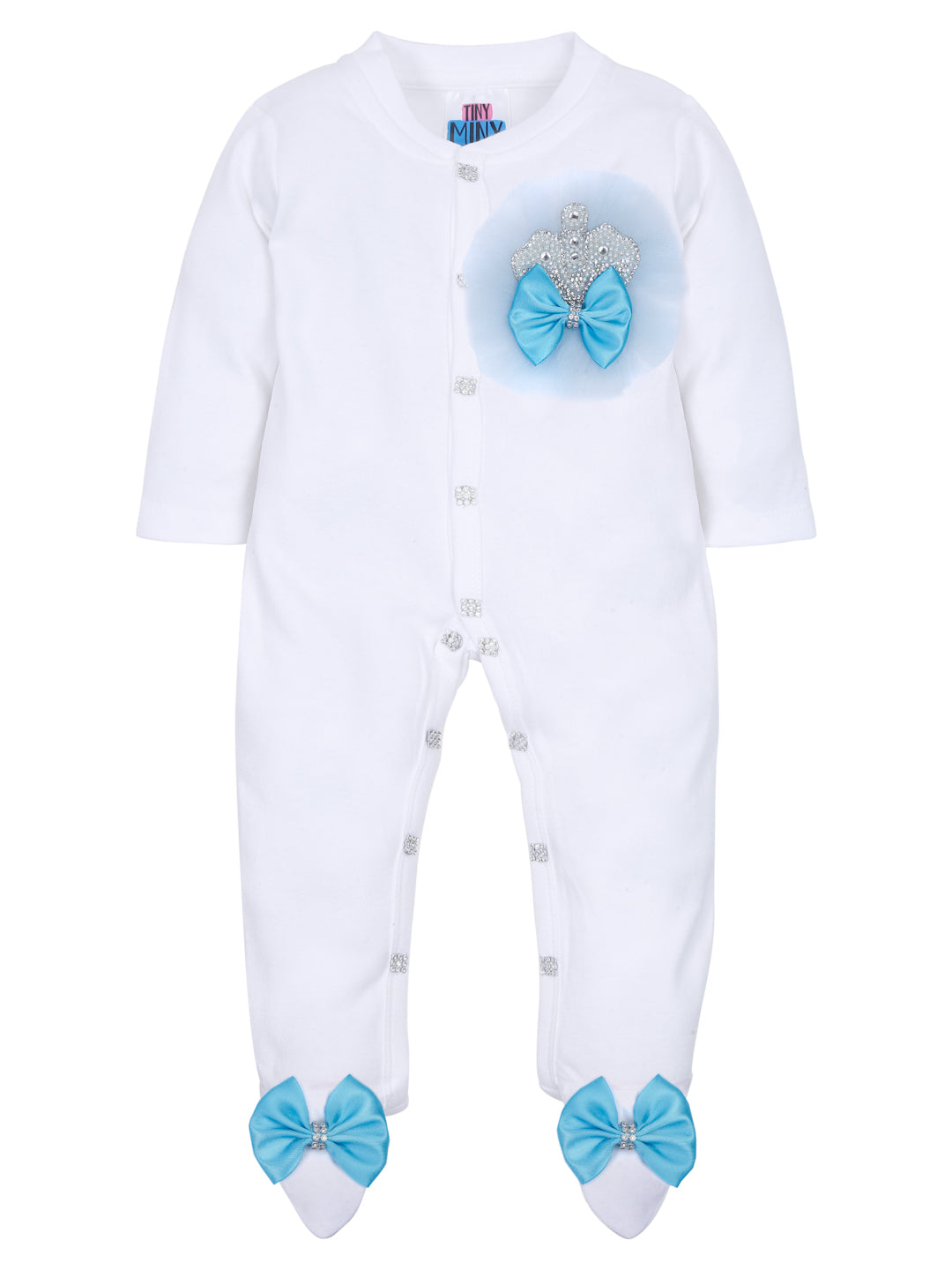 TINY MINY MEE BLUE FRILL PEARL CROWN SLEEPSUIT SET WITH SHOES-WHITE