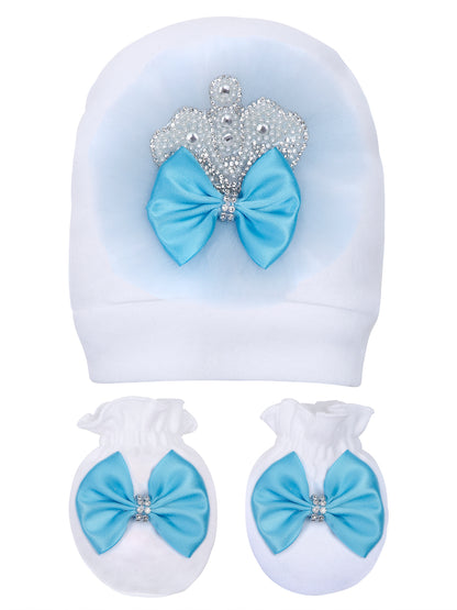 TINY MINY MEE BLUE FRILL PEARL CROWN SLEEPSUIT SET WITH SHOES-WHITE