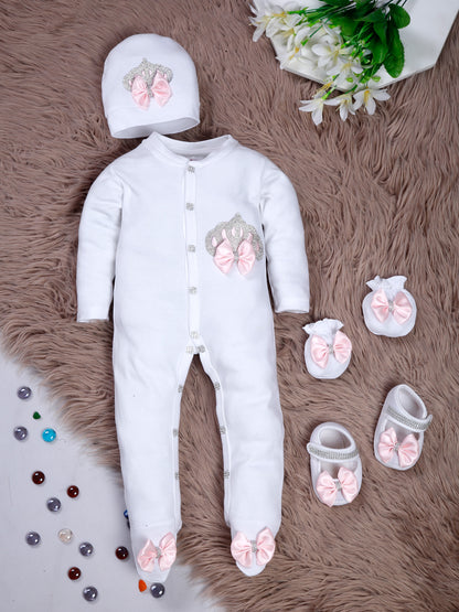 TINY MINY MEE RHINESTONE CROWN, BACK WINGS PATCH SLEEPSUIT WITH PINK BOWS AND SHOES-WHITE