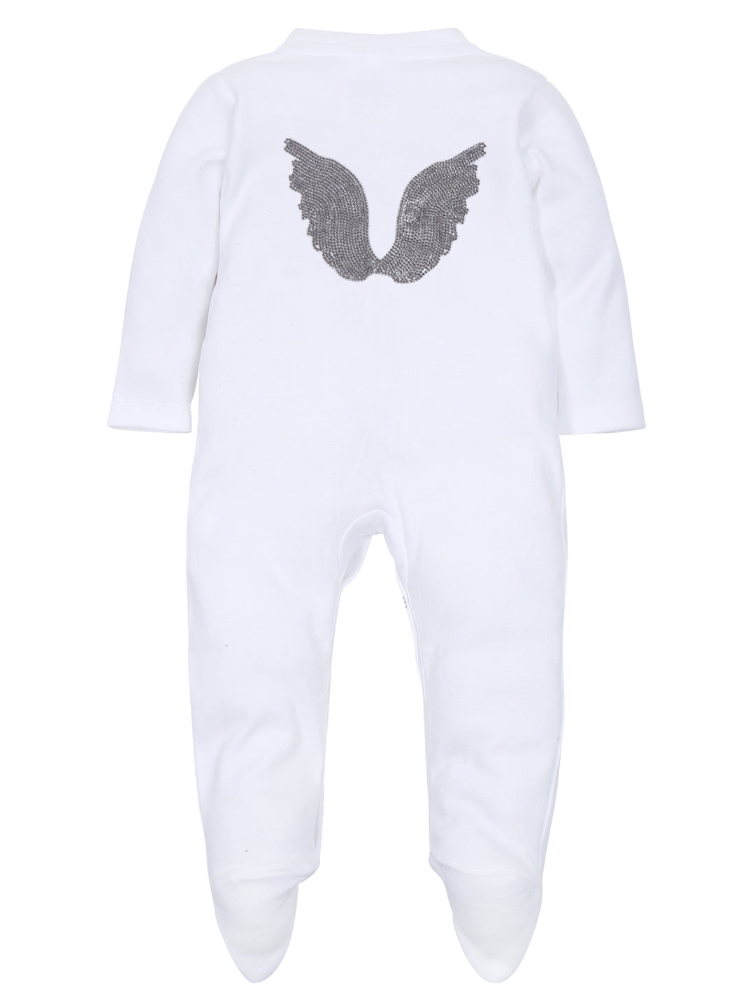 TINY MINY MEE RHINESTONE CROWN, BACK WINGS PATCH SLEEPSUIT WITH PINK BOWS AND SHOES-WHITE