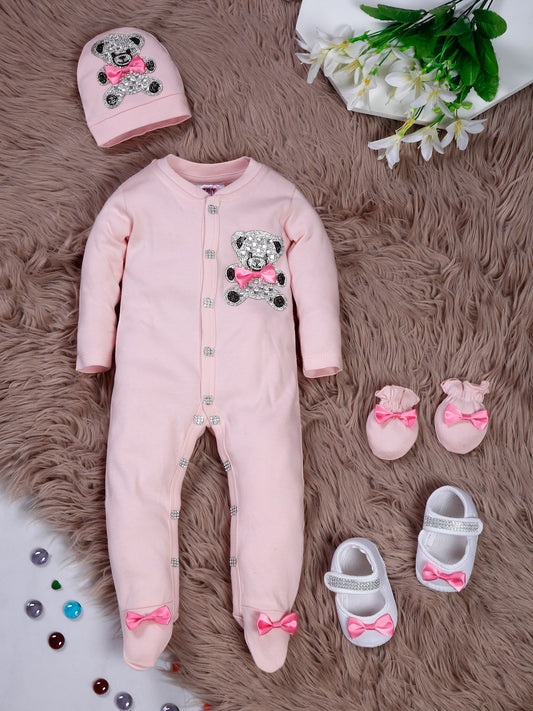 TINY MINY MEE PINK BOW TEADY BEAR SLEEPSUIT SET WITH SHOES-PINK