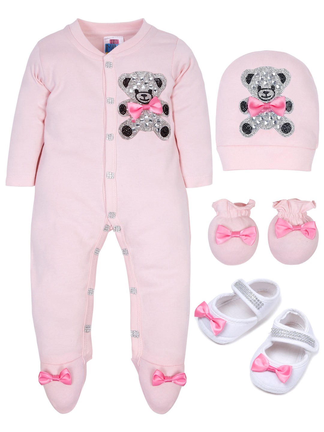 TINY MINY MEE PINK BOW TEADY BEAR SLEEPSUIT SET WITH SHOES-PINK