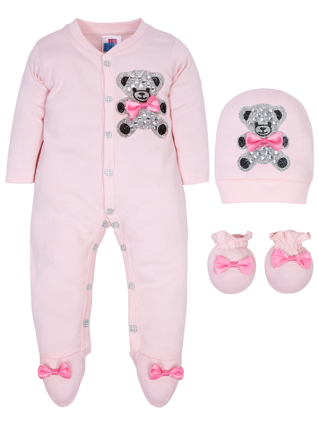 TINY MINY MEE PINK BOW TEADY BEAR SLEEPSUIT SET WITH SHOES-PINK