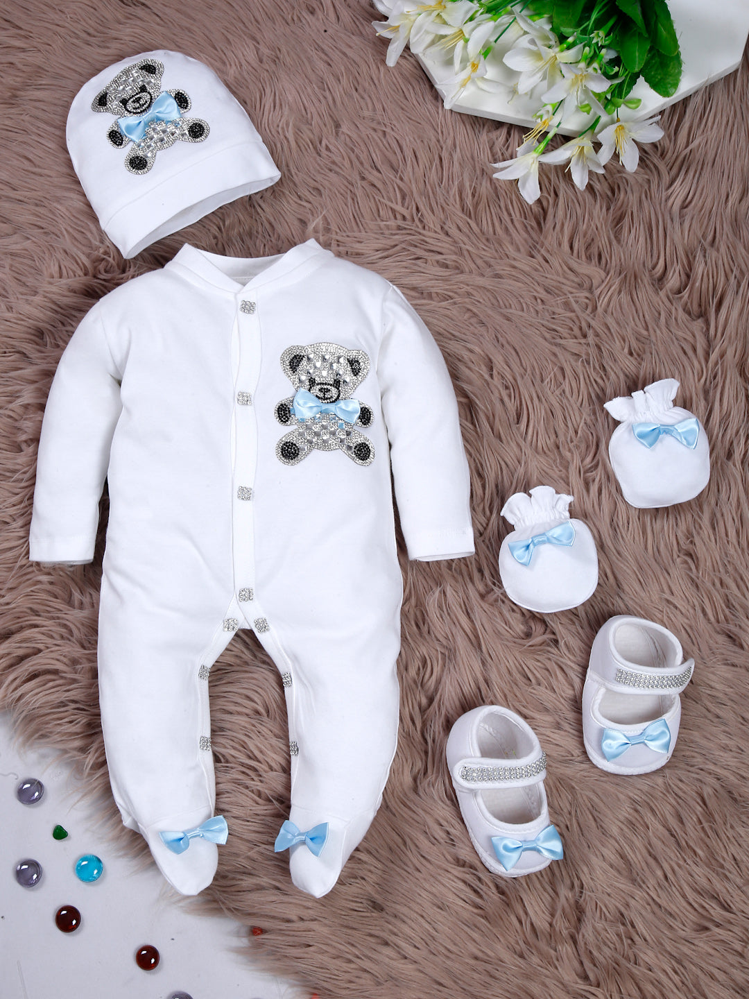 TINY MINY MEE BLUE BOW TEADY BEAR SLEEPSUIT SET WITH SHOES-WHITE