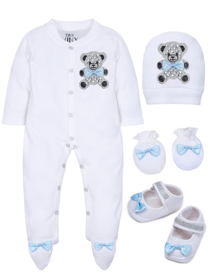 TINY MINY MEE BLUE BOW TEADY BEAR SLEEPSUIT SET WITH SHOES-WHITE