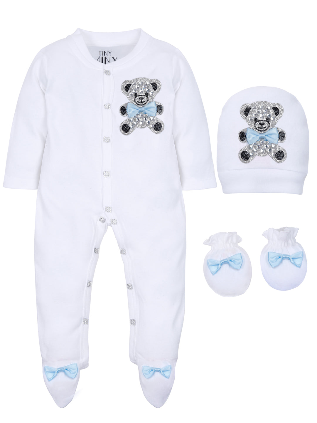 TINY MINY MEE BLUE BOW TEADY BEAR SLEEPSUIT SET WITH SHOES-WHITE