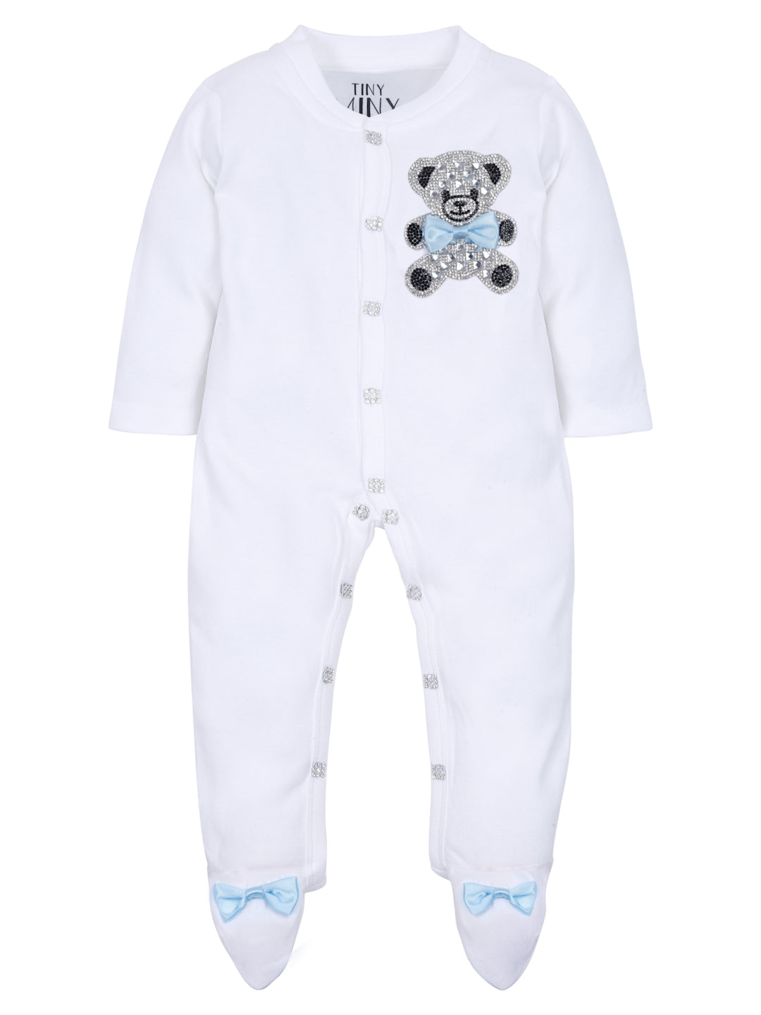 TINY MINY MEE BLUE BOW TEADY BEAR SLEEPSUIT SET WITH SHOES-WHITE