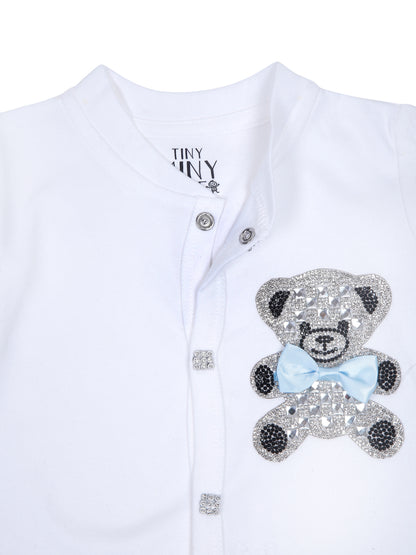 TINY MINY MEE BLUE BOW TEADY BEAR SLEEPSUIT SET WITH SHOES-WHITE