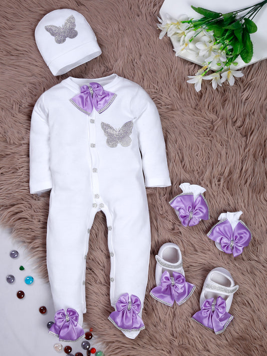 TINY MINY MEE LAVENDER BUTTERFLY SLEEPSUIT SET WITH SHOES-WHITE