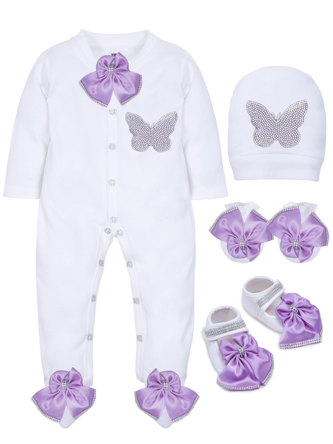 TINY MINY MEE LAVENDER BUTTERFLY SLEEPSUIT SET WITH SHOES-WHITE