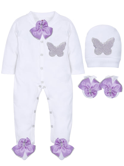 TINY MINY MEE LAVENDER BUTTERFLY SLEEPSUIT SET WITH SHOES-WHITE