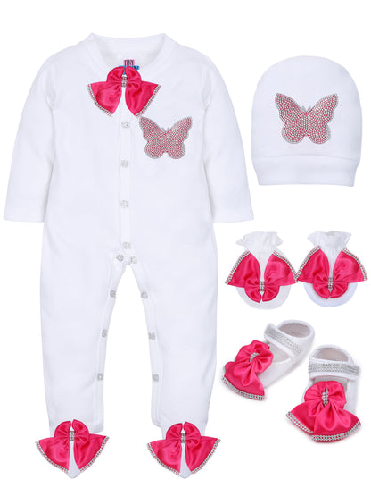 TINY MINY MEE FUCHSIA BUTTERFLY SLEEPSUIT SET WITH SHOES-WHITE