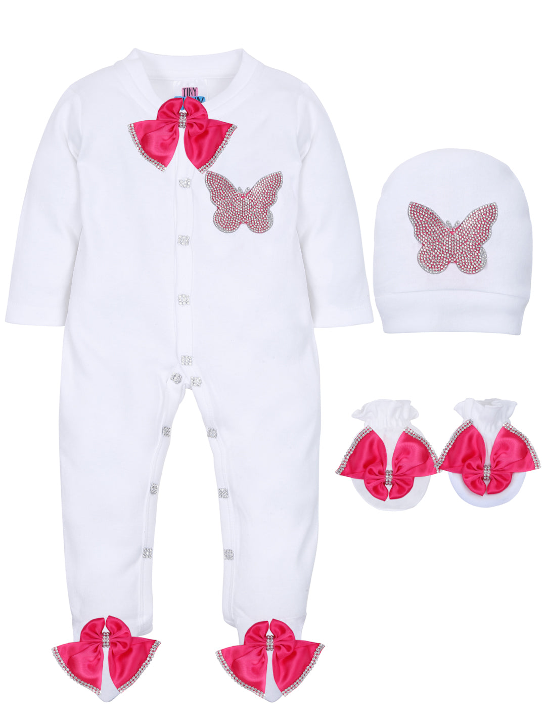 TINY MINY MEE FUCHSIA BUTTERFLY SLEEPSUIT SET WITH SHOES-WHITE