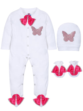 TINY MINY MEE FUCHSIA BUTTERFLY SLEEPSUIT SET WITH SHOES-WHITE