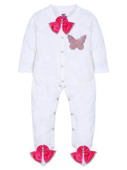 TINY MINY MEE FUCHSIA BUTTERFLY SLEEPSUIT SET WITH SHOES-WHITE