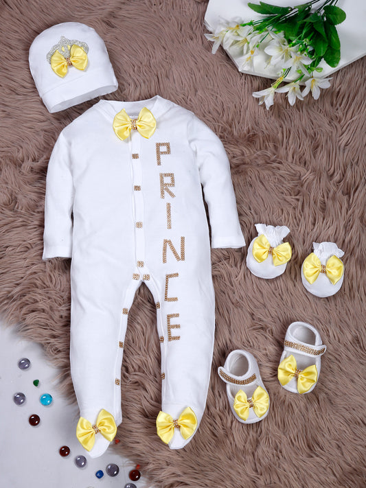 TINY MINY MEE GOLDEN PRINCE YELLOW BOW SLEEPSUIT WITH SHOES-WHITE