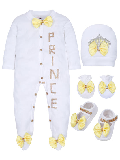 TINY MINY MEE GOLDEN PRINCE YELLOW BOW SLEEPSUIT WITH SHOES-WHITE